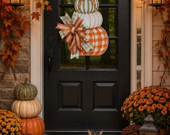 Fall Pumpkin Door Hanger | Buffalo Check Pumpkin Decor | Autumn Front Door Decor | Farmhouse Fall Porch Decoration