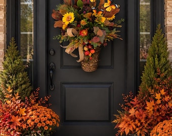Fall Basket Door Hanger, Sunflower Door Decor, Autumn Front Door Basket, Farmhouse Fall Decoration, Pumpkin Porch Decor, Thanksgiving Entry