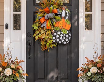 Fall Pumpkin Door Hanger with Designer Bow | Black & White Polka Dot Pumpkin Decor | Autumn Front Door Swag | Farmhouse Fall Porch Decor