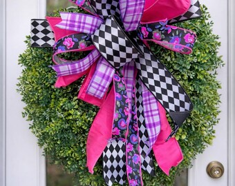 Pink Purple Black Wreath Front Door Wreath Spring Summer Wreath Boxwood Wreath Farmhouse Door Decor Everyday Wreath Gift Idea