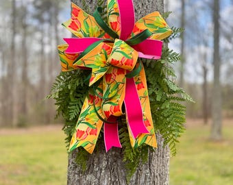 Spring Door Fern Grapevine Wreath Tulip Bow Wreath Bright Floral Door Decor Farmhouse Outdoor Greenery Front Door Decoration Summer Wreath