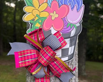 Colorful Flower Pot Door Hanger, Spring Summer Door Decor, Floral Front Door Hanger, Wooden Flower Pot Sign, Designer Ribbon Door Decoration