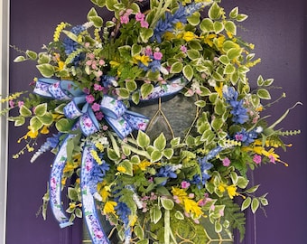 Spring Summer Floral Wreath with Blue and Yellow Blooms and Variegated Greenery Front Door Wreath Large Everyday Wreath