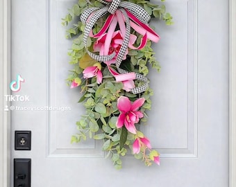 28x15 Pink Floral Door Swag Spring Door Hanger Front Door Decor Everyday Door Swag Farmhouse Porch Decor