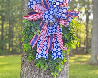 Patriotic Door Swag with Designer Ribbon | Red White Blue Front Door Decor | Memorial Day, Fourth of July & Summer Porch Decoration