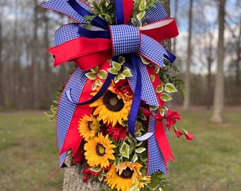 Patriotic Sunflower Door Swag Red White Blue Wreath Summer Front Door Decor Farmhouse Swag Vertical Wreath Americana Decor