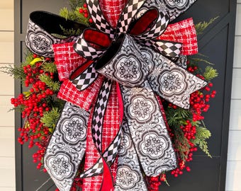 Red Black Winter Wreath for Front Door Harlequin Bow Holiday Wreath Red Berry Winter Door Decor