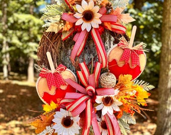 Caramel Apple Fall Wreath with Sunflowers | Autumn Farmhouse Front Door Decor | Candy Apple Harvest Bow Wreath