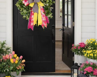 Spring Greenery Wreath Interchangeable Bow Front Door Wreath Pink Yellow Floral Everyday Door Hanger Farmhouse Porch Decor