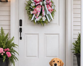 Spring Front Door Wreath with Pink Bow, Daisy Wreath, Farmhouse Door Wreath, Cottage Spring Wreath, Everyday Floral Wreath, Front Door Decor