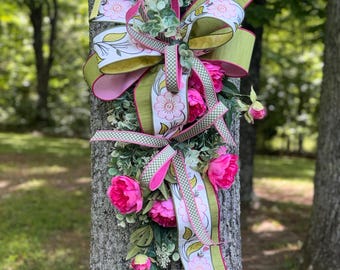Pink Floral Door Swag with Designer Ribbon | Spring Summer Front Door Swag | Everyday Swag for Porch Decor | Cottage Style Door Hanger