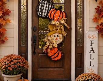 Scarecrow Pumpkin Door Hanger Fall Door Decor Buffalo Plaid Pumpkin Decor Farmhouse Autumn Front Door Hanging Rustic Porch Decoration