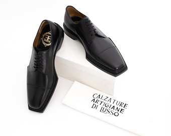 LUXURY MEN'S Shoes, Combination Calfskin and Nappa Leather, Imported From Italy. Square Front, Cap Toe