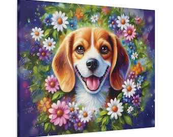 Beagle Canvas Print, Floral Dog Portrait, Pet Wall Art