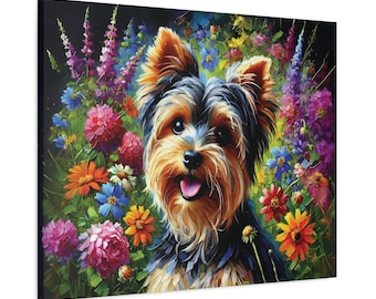 Yorkshire Terrier Floral Canvas Print, Dog Lover Gift