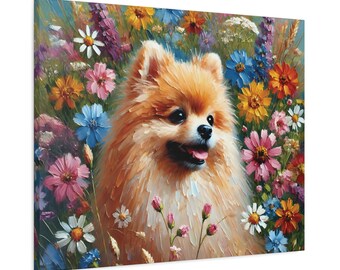 Può includere: Un cane pomerania arancione e soffice siede in un campo di fiori selvatici colorati. Il cane ha un petto bianco e una coda soffice. I fiori sono in fiore e includono fiori rosa, viola, blu, gialli e bianchi.