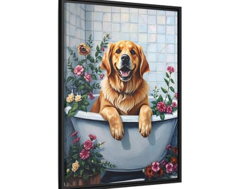 Könnte beinhalten: Ein Golden Retriever sitzt in einer weißen Badewanne mit rosa und gelben Blumen. Der Hund lächelt und hat seine Pfoten auf dem Rand der Wanne.