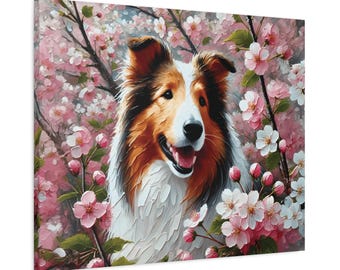Canvasafdruk collie, colliekunst, bloemenportret, cadeau hondenliefhebber, decor moeder