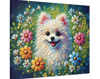 Può includere: Un cane bianco e soffice con il naso rosa e la lingua che sporge è circondato da fiori colorati. I fiori sono rosa, gialli, blu e viola. Il cane sorride e sembra felice.