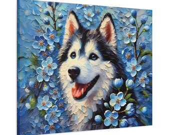 Könnte beinhalten: Ein Gemälde eines Husky-Hundes mit blauen Augen, umgeben von blauen Blumen. Der Hund schaut nach rechts und hat den Mund leicht geöffnet, als würde er lächeln. Der Hintergrund ist hellblau.