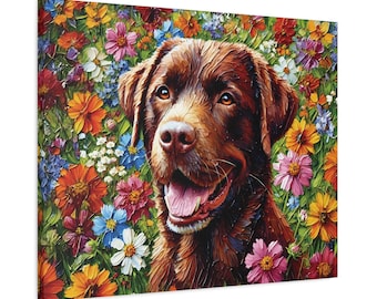 Chocolate Labrador Leinwanddruck, Blumenhundeportrait, Geschenk für Tierliebhaber