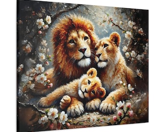 Lion Family Canvas Print, Wildlife Nursery Wall Art