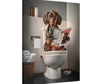 May include: A brown and tan dachshund dog sits on a white toilet, reading a newspaper titled "Sausage Digest" with the headline "Duke Wins on the Field".