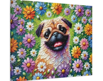 Floral Pug Canvas Print, Dog Lover Wall Art