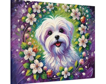 Maltese Dog Canvas Print, Floral Puppy Portrait, Pet Lover Gift