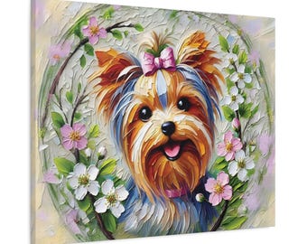 Yorkshire Terrier Floral Canvas Print, Dog Lover Wall Art