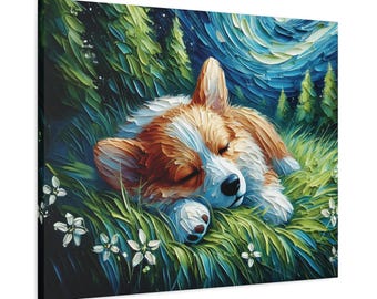 May include: A painting of a sleeping corgi dog in a field of green grass and white flowers under a blue and white starry sky.