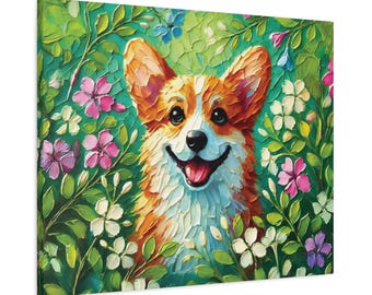 May include: A painting of a corgi dog with a happy expression, surrounded by colourful flowers and green leaves. The dog is painted in a realistic style with visible brushstrokes.