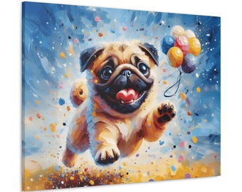 Whimsical Pug Canvas Print, Funny Dog Portrait Art