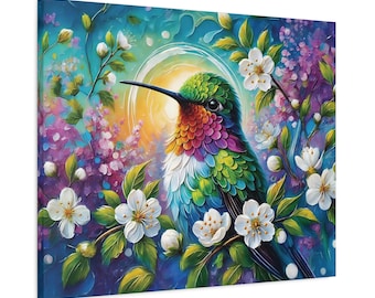 Canvasafdruk kolibrie, kleurrijke vogelkunst, natuurhuisdecoratie