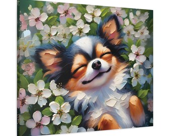 Chihuahua Dog Canvas Print, Floral Dog Art, Pet Portrait Wall Decor