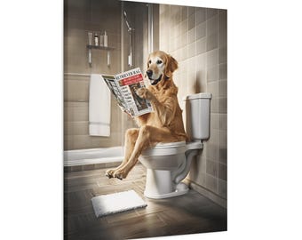 Könnte beinhalten: Ein Golden Retriever sitzt auf einer weißen Toilette in einem Badezimmer und liest eine Zeitung mit dem Titel "Retriever Rag".