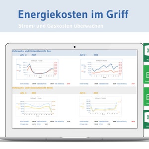 Excel template, monitor energy costs, gas costs, electricity costs, e-car consumption, energy cost calculator, spreadsheet, household costs