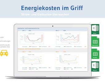 Excel template, monitor energy costs, gas costs, electricity costs, e-car consumption, energy cost calculator, spreadsheet, household costs