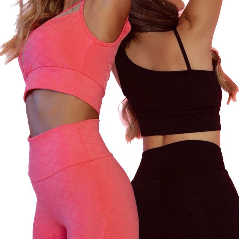 Ensemble de sport couleur saumon legging et soutien-gorge pour femmes, taille haute, maille technique transparente image 3