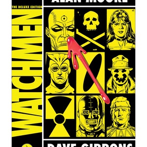 May include: A yellow and black book cover with the title "Watchmen" in large, bold letters. The cover features a graphic design of a skull and crossbones, a nuclear symbol, and a masked figure. The book is by Alan Moore and Dave Gibbons.