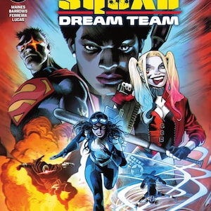 Puede incluir: Portada de cómic de Suicide Squad: Dream Team. La portada presenta a Harley Quinn y otros personajes. El texto incluye "Countdown to Absolute Power" y "Amanda Waller's Dream - Is the World's Worst Nightmare!"