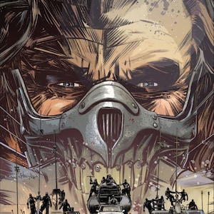 May include: Comic book illustration featuring a close-up of a masked figure with the text "Nux & Immortan Joe" in red. The image depicts a convoy of vehicles with armed figures, evoking a post-apocalyptic theme.