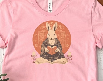 Unisex Bunny Reading Book Shirt, Japanese art, Ukiyo-e, Rabbit Mom, Birthday Gift Tshirt, Party Present Tee Shirts, finny shirt