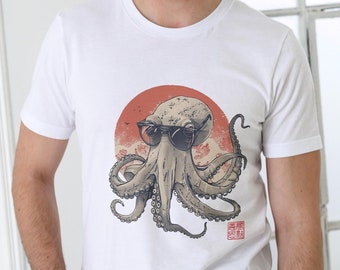 Cool Octopus Sunset T-Shirt - Vintage Japanese Style Tee, Hipster Ocean Animal Print, Casual Streetwear, Japanese Wave, Sea Life Fashion