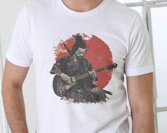 Rock Samurai Playing Guitar Shirt Guitar T Shirt Funny Vintage Guitar Shirt Graphic Tee Acoustic Electric Bass Player For Men Rock Band