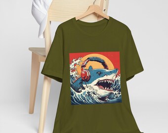 Cute Shark wearing headphone Shirt, Japanese art, Ukiyo-e, Animal lover, Birthday Gift Tshirt, Party Present Tee Shirts, Graphic T-Shirt