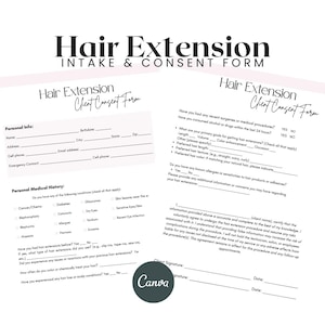 Formularios para extensiones de cabello, plantillas editables de consentimiento para extensiones de cabello, consultas sobre extensiones de cabello, formularios para peluqueros, formularios para el cabello, formularios para el cuidado del cabello