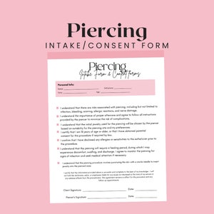 Body Piercing Consent Form, Piercing Client Intake and Consent Form, Ear Piercing Form Template, Body Piercing Client Form, Client Intake