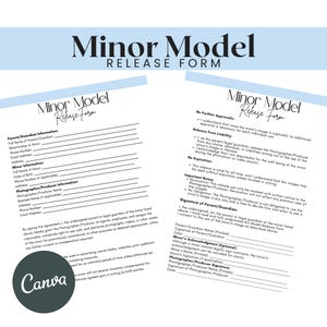 May include: A printable model release form for photographers to use when photographing minors. The form includes sections for parent/guardian information, minor information, photographer/producer information, and signatures. The form is designed to protect both the photographer and the minor.