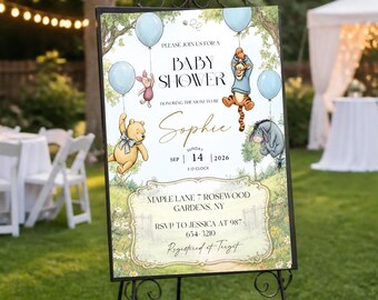 Baby Shower Welcome Sign - Winnie the Pooh Baby Shower Printable Signs - Welcome to the Baby Shower - Winnie the Pooh Blue Ballons digital